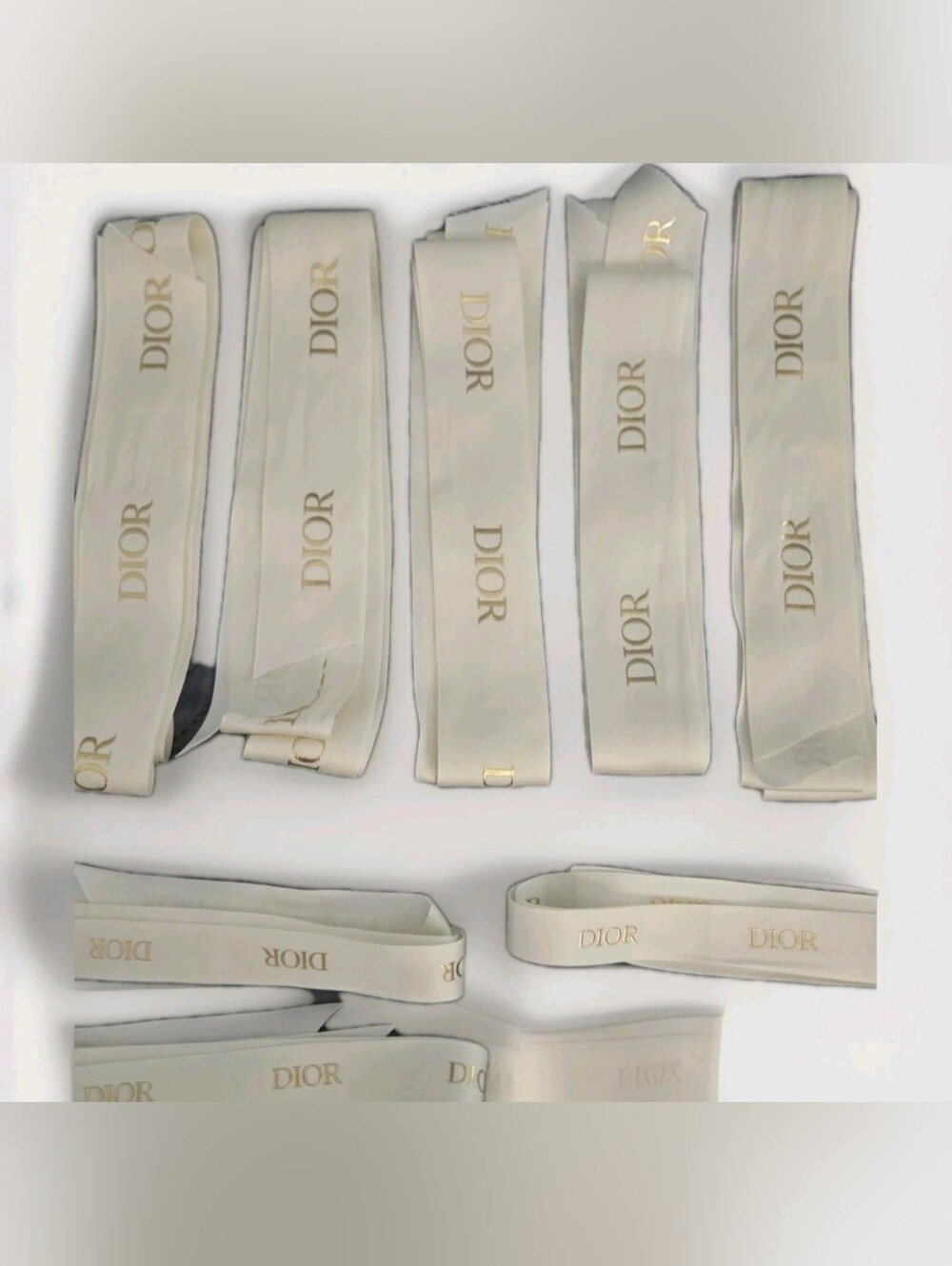 Authentic 3 x 1” and 5 x 2" wide DIOR White Silk Gold Embossed Ribbons